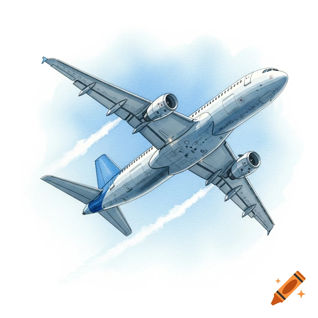 Watercolor illustration of a white and blue passenger airplane flying upwards against a light blue sky with contrails.