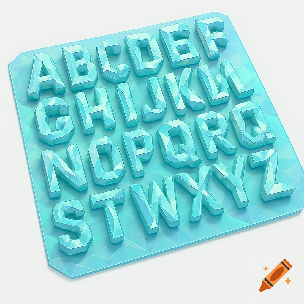 A grid of light blue, faceted, low-poly uppercase alphabet letters, resembling ice or crystal, on a matching transparent tray.