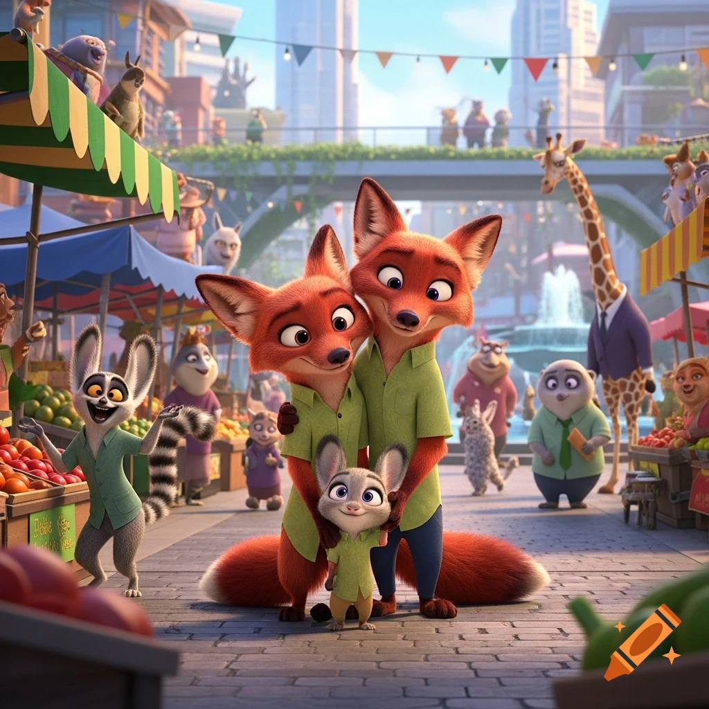 A Zootopia-style illustration of a fox family and rabbit cub in a bustling animal marketplace.