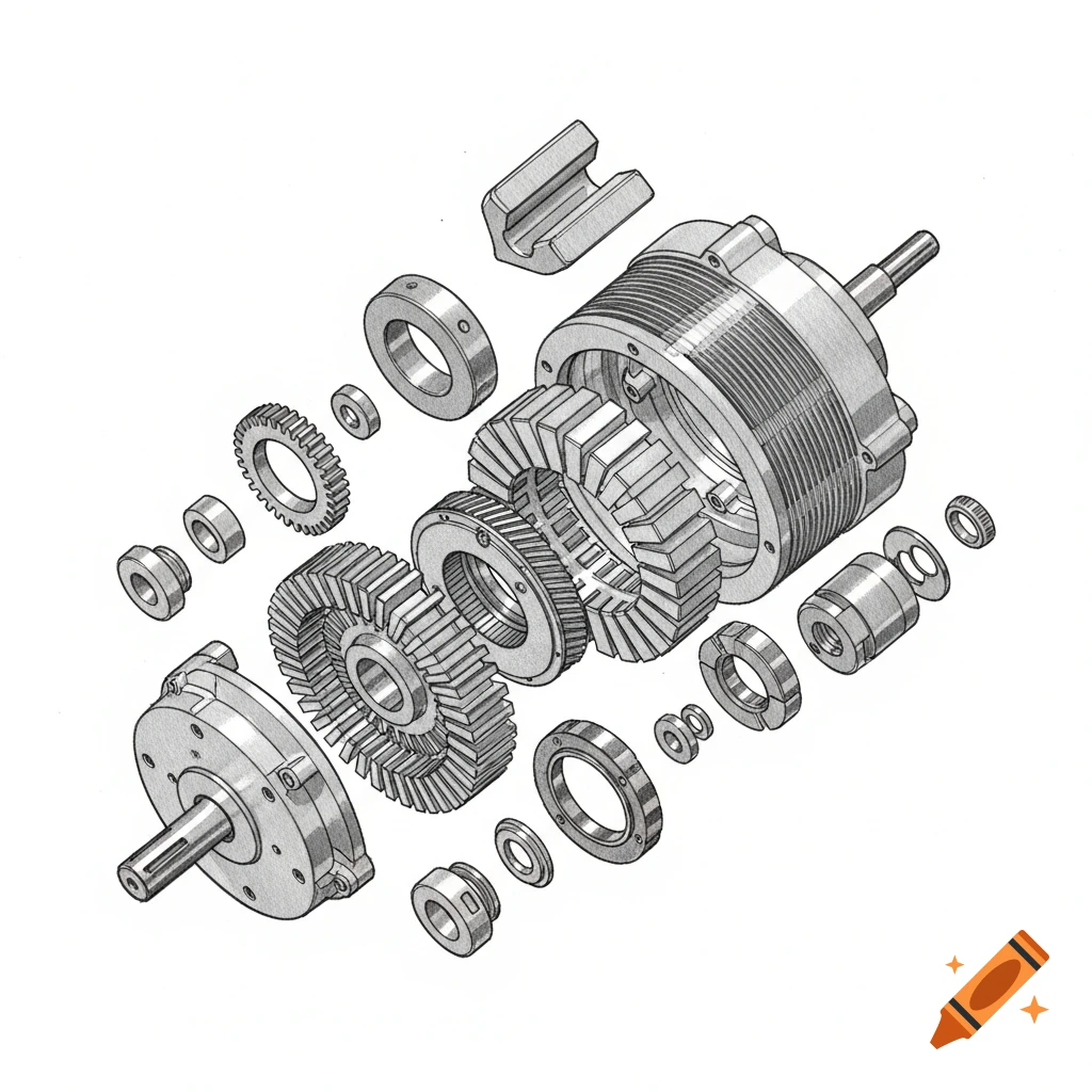 Exploded isometric pencil drawing of a permanent magnet synchronous machine's components.