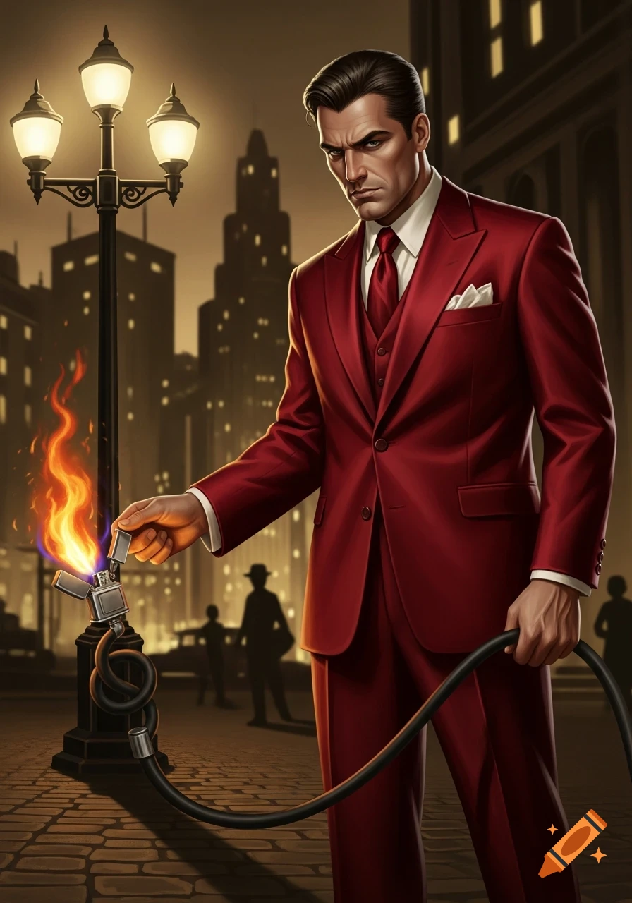 An illustrated man in a red suit, with an angry look, holding a lit lighter and a black hose in a night city scene.