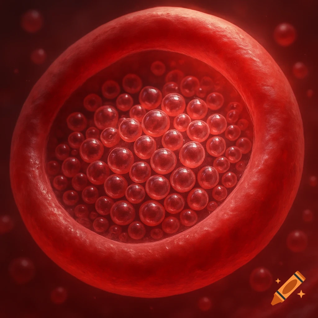 A magnified, stylized red blood cell-like structure filled with glossy red spheres.