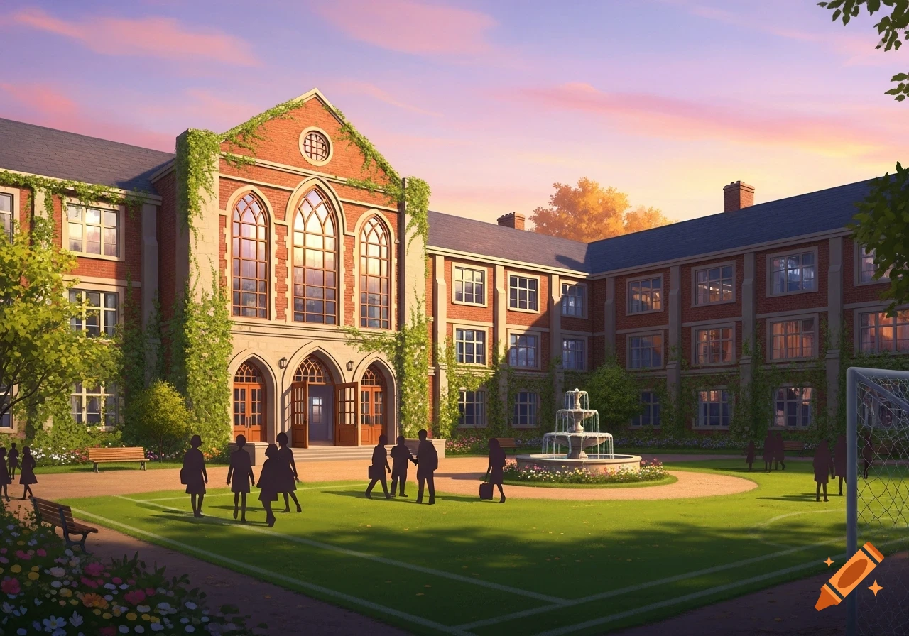 Anime style illustration of a traditional brick school building with ivy, a courtyard, fountain, and silhouetted students at sunset.