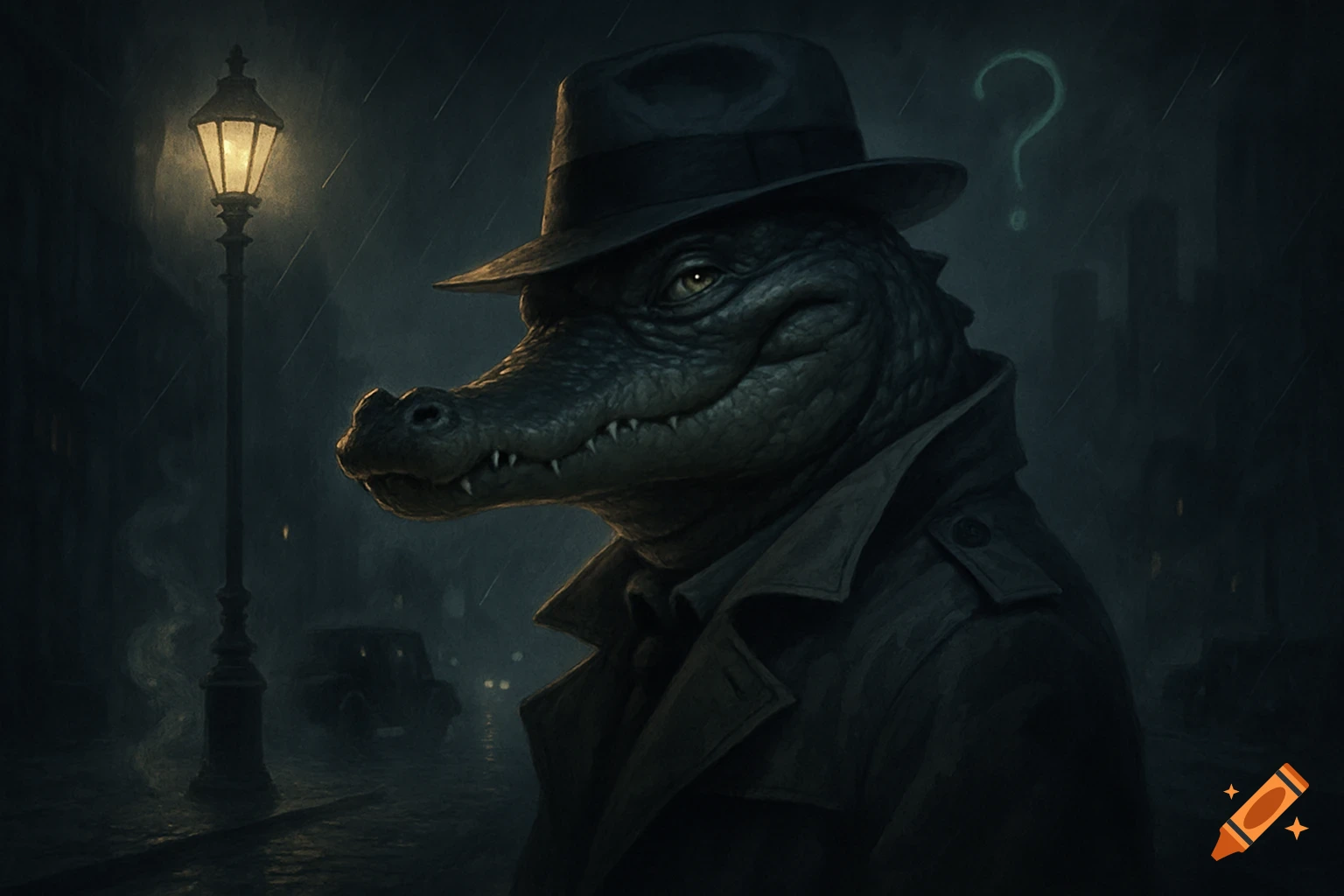 An anthropomorphic alligator detective in a fedora and trench coat stands in the rain under a street lamp, with a question mark.