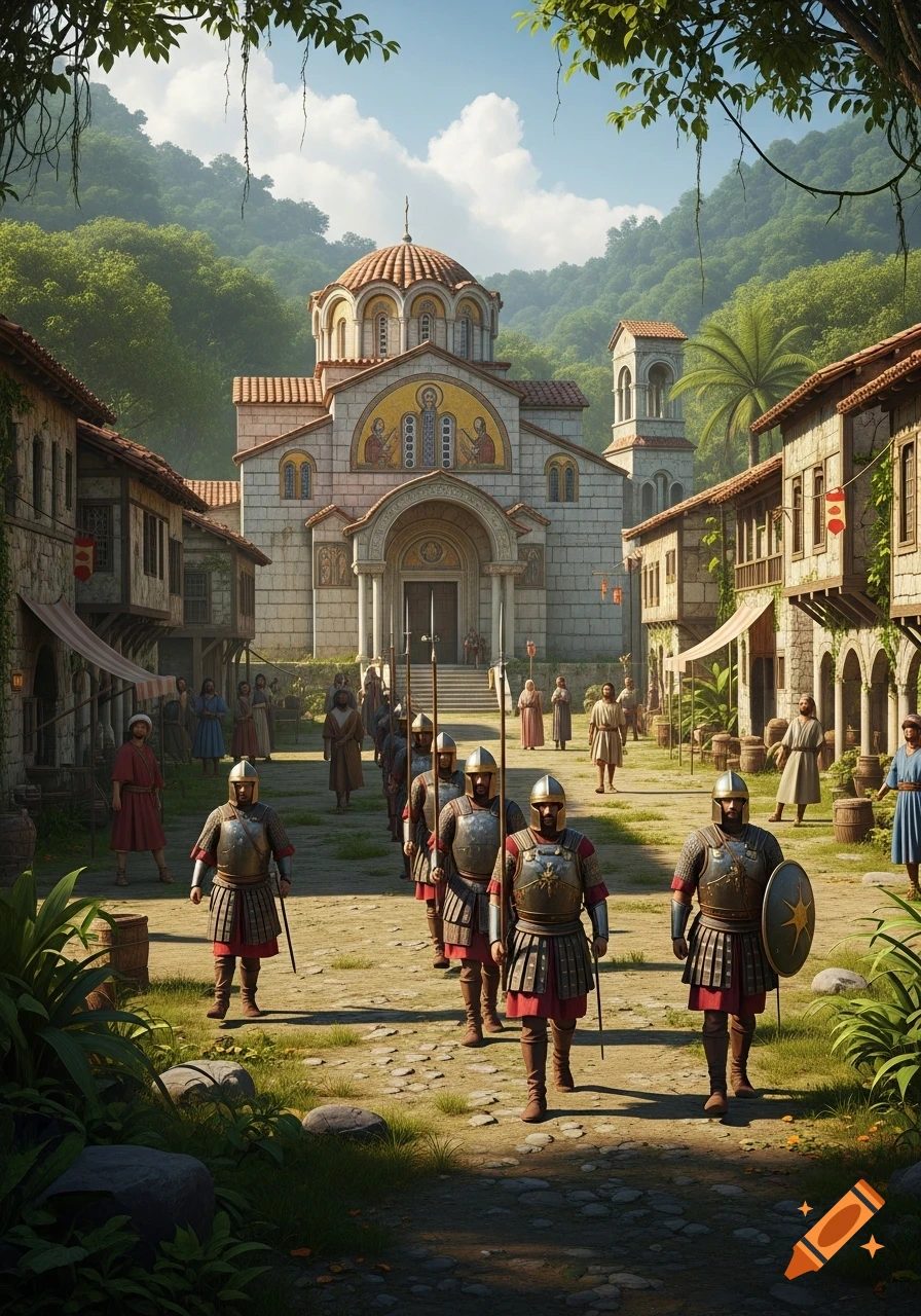Byzantine soldiers march through a detailed, sunlit Byzantine village with an Orthodox church, surrounded by a lush rainforest.