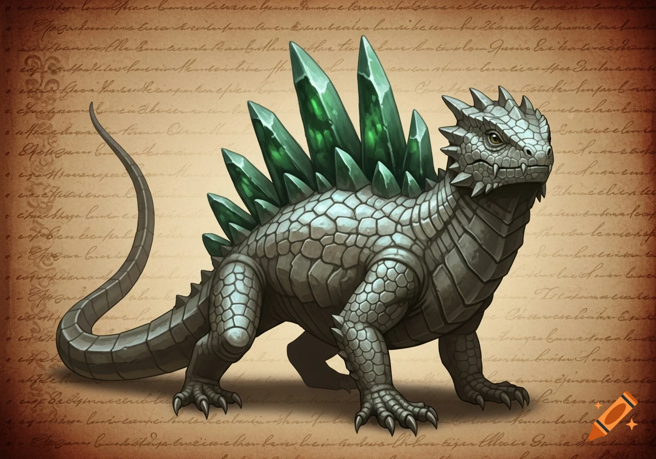 A gray stone basilisk with green jade crystals along its spine, set against an old paper background with illegible cursive text, in a fantasy art style.