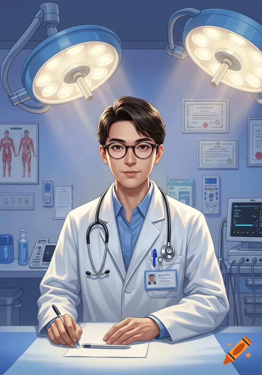 An illustration of a young male doctor wearing glasses, lab coat, and stethoscope, writing at a desk in a medical office.