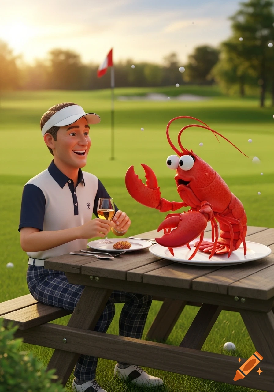 A cartoon man in golf attire dines at a picnic table with a large, animated red lobster on a sunny golf course.