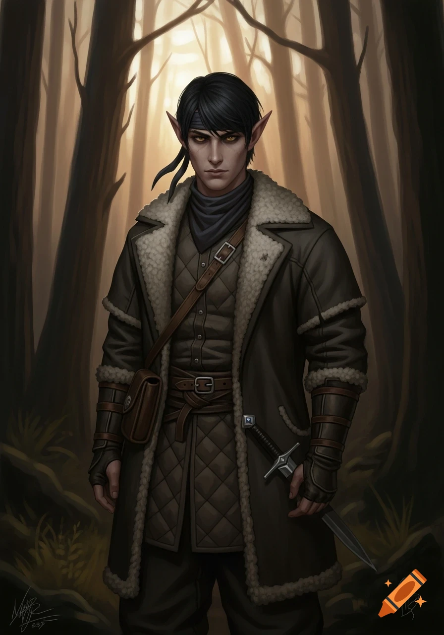 A detailed portrait of a male elf with black hair, yellow eyes, and pointy ears, wearing a dark sheepskin-lined coat and holding a dagger, standing in a forest.