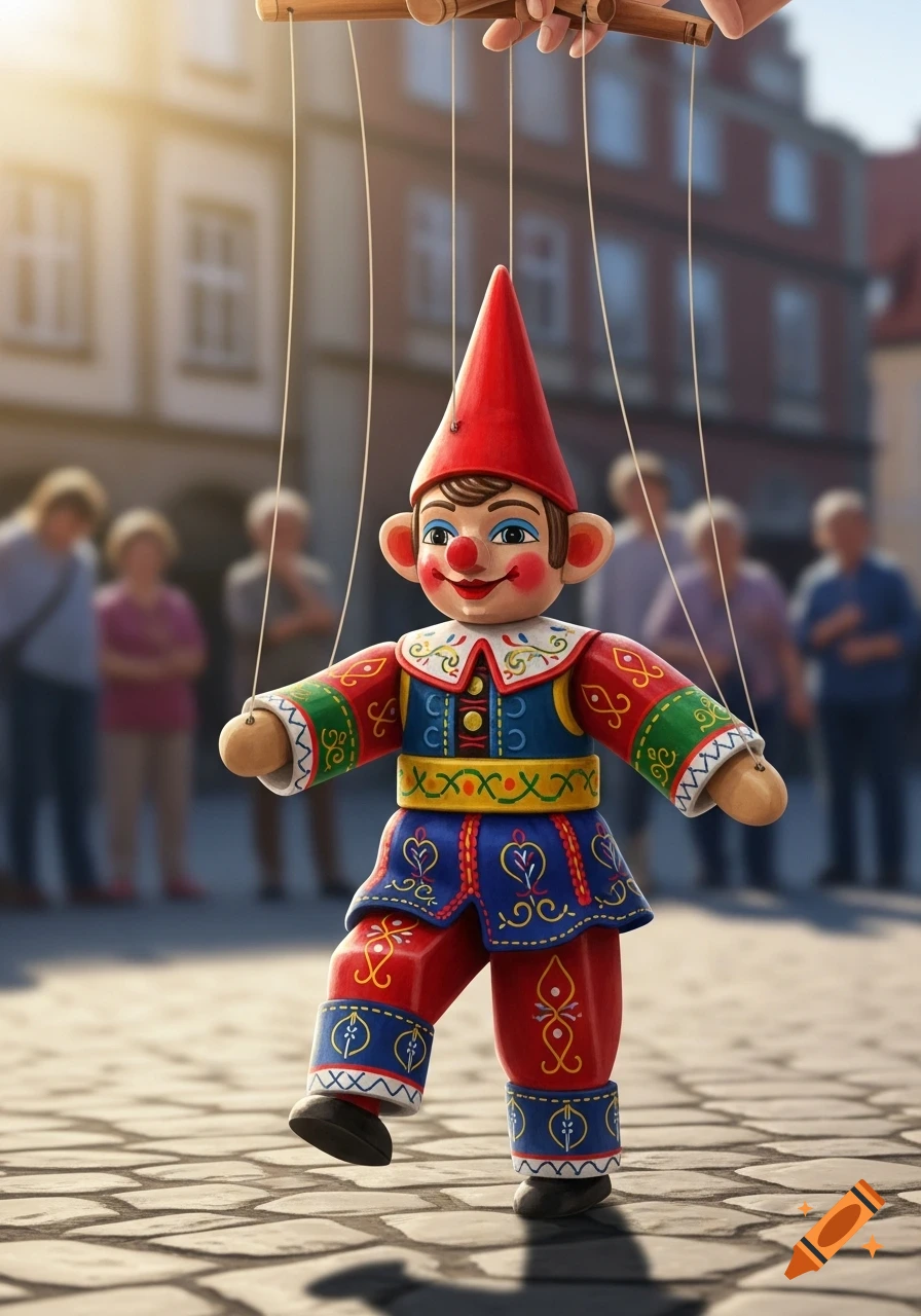 A colorful Kasperle puppet, held by strings, walks on a cobblestone street with blurred people and buildings.