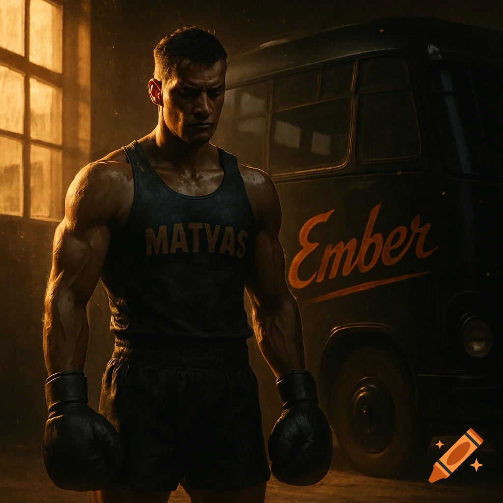 A muscular boxer in a tank top with 'MATYAS' and boxing gloves stands dramatically lit in front of a dark bus with 'Ember'.