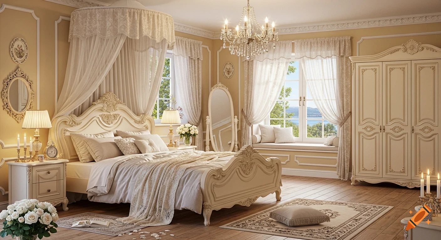 Luxurious butter-yellow Victorian bedroom with a carved canopy bed, crystal chandelier, window seat, and white roses overlooking a lake.