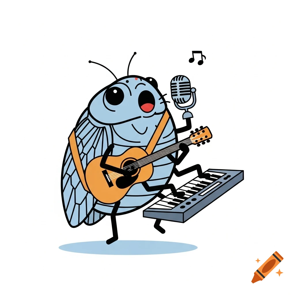 A cartoon blue cicada plays an acoustic guitar, sings into a microphone, and plays a keyboard.
