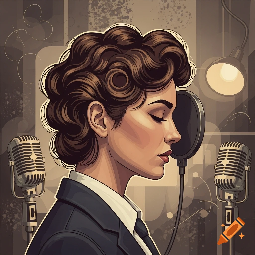 A stylized vintage illustration of a woman with curly brown hair and closed eyes, singing into a classic microphone.