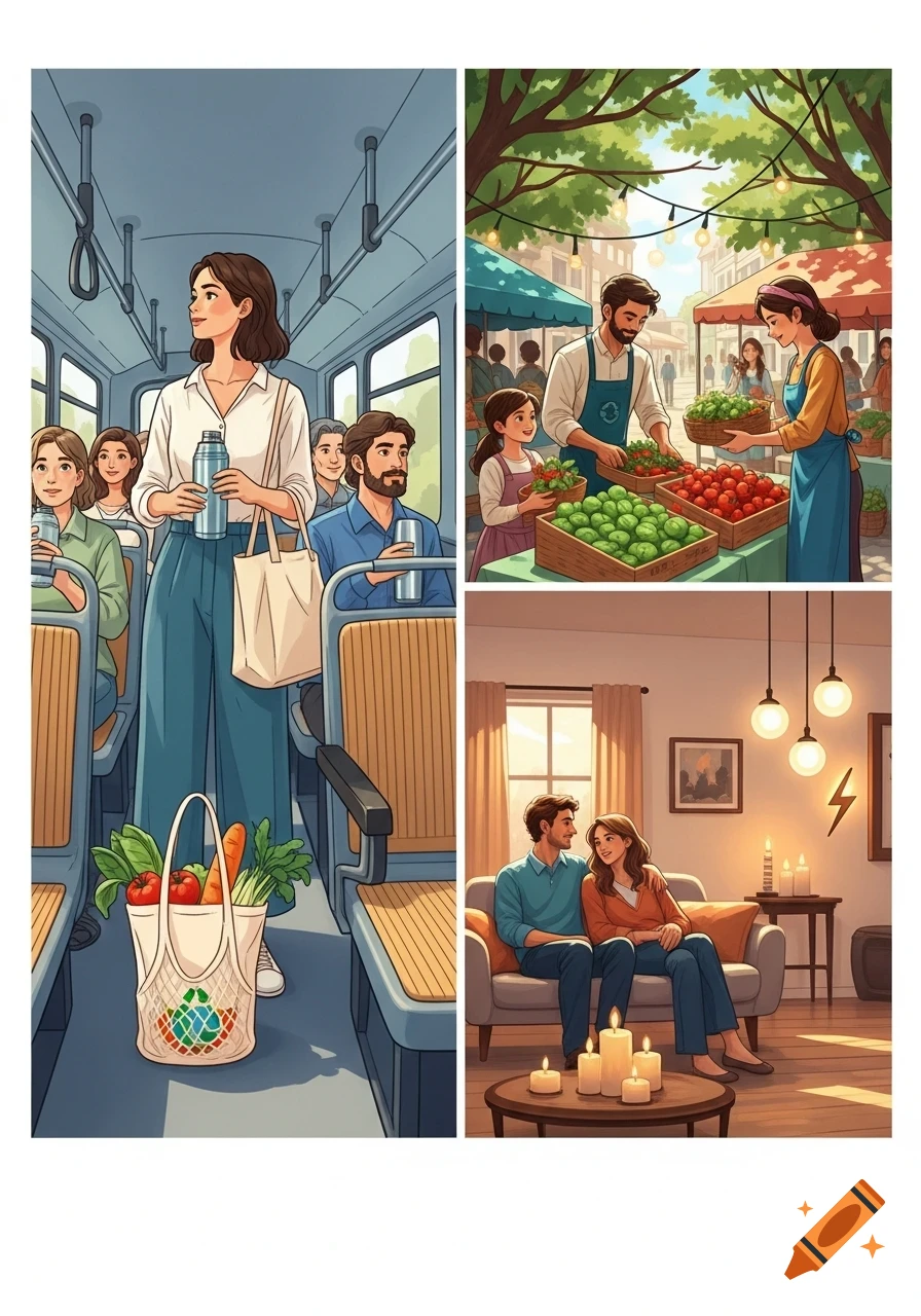 A cartoon collage showing three scenes: a woman on a bus with a reusable bag, a family at a farmer's market, and a couple relaxing at home by candlelight.