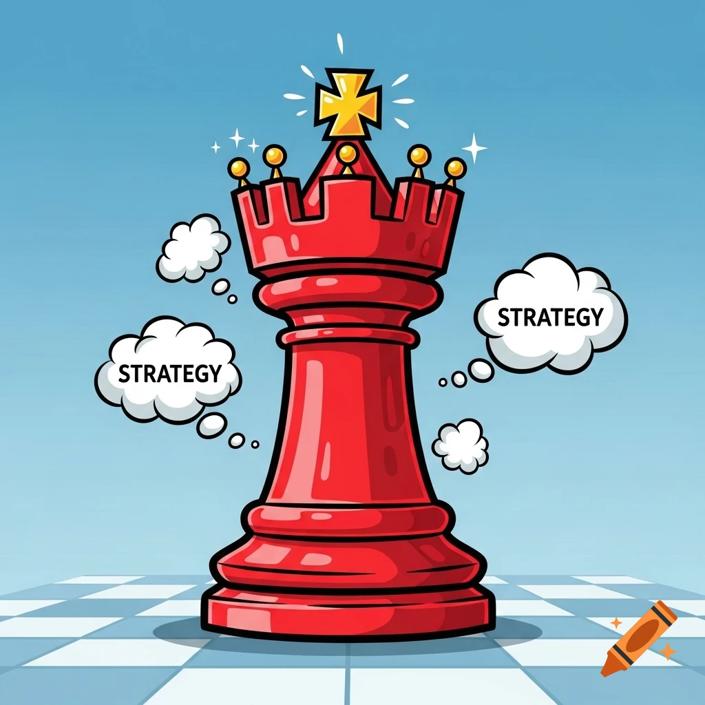 A cartoon red rook chess piece on a blue background with thought bubbles saying 'STRATEGY' above a checkerboard.