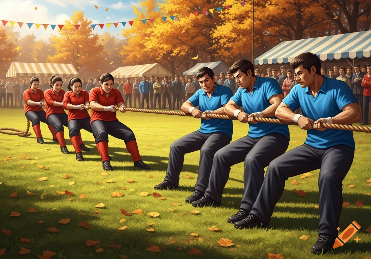 Two teams, one in red and one in blue, compete in a tug of war game in an autumn park with spectators.