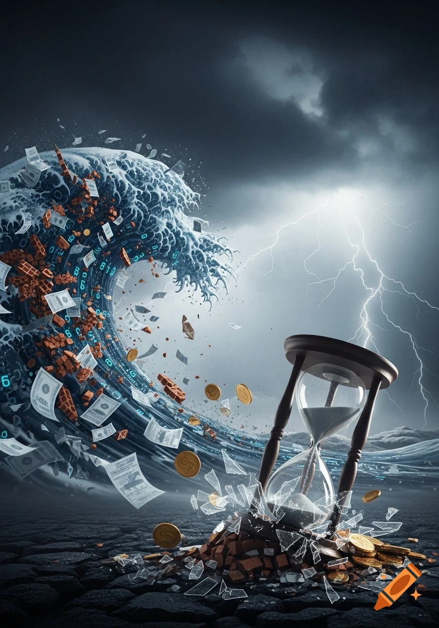 Shattered hourglass, money, and bricks caught in a digital data wave under a stormy sky with lightning.