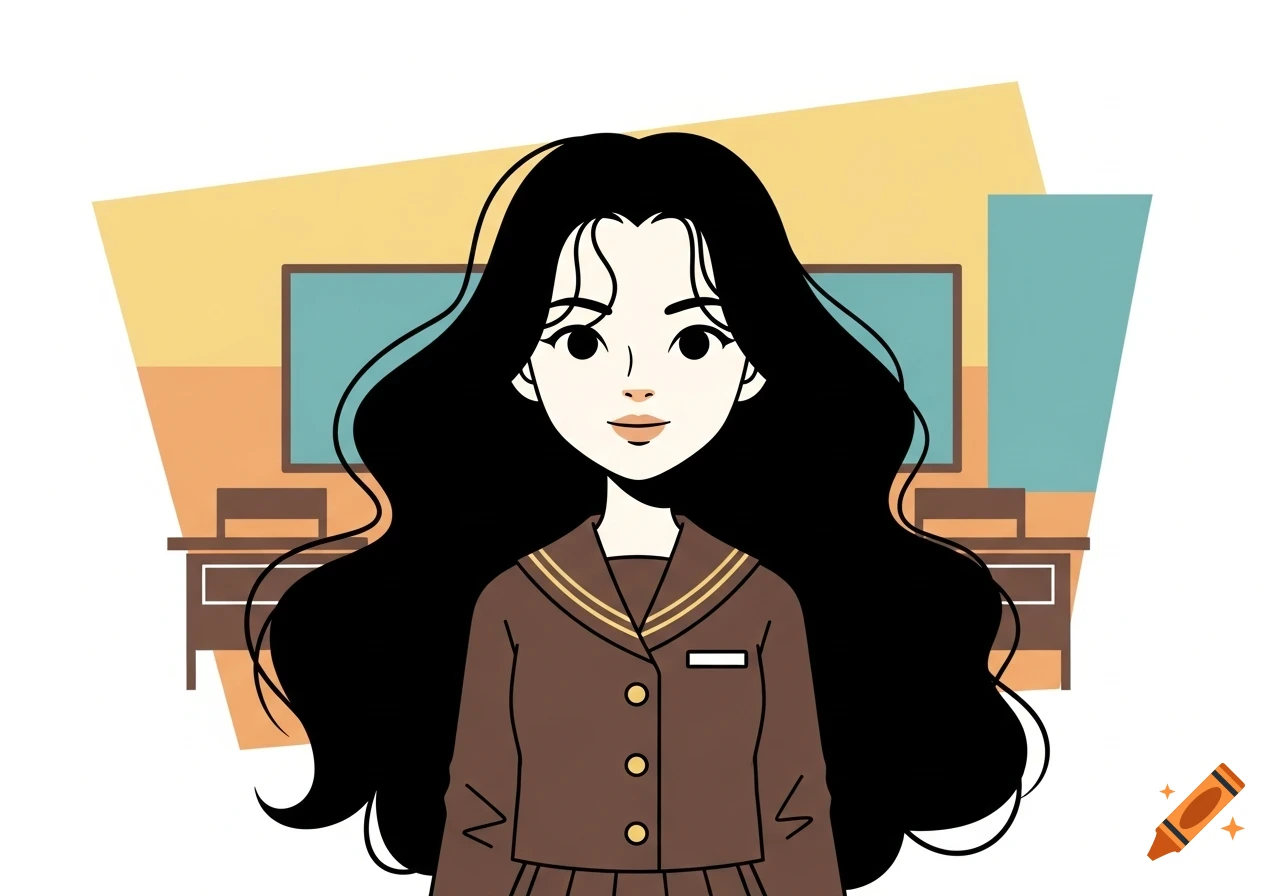 A simple illustration of a girl with long black hair and black eyes, wearing a brown school uniform, in a classroom setting.