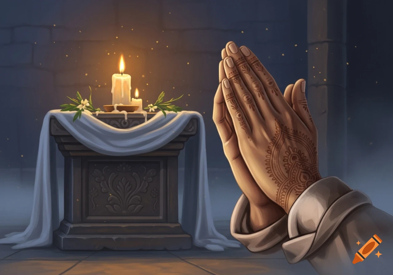 Close-up of hands with intricate henna designs clasped in prayer, illuminated by two lit candles on an altar in a dark, atmospheric setting.