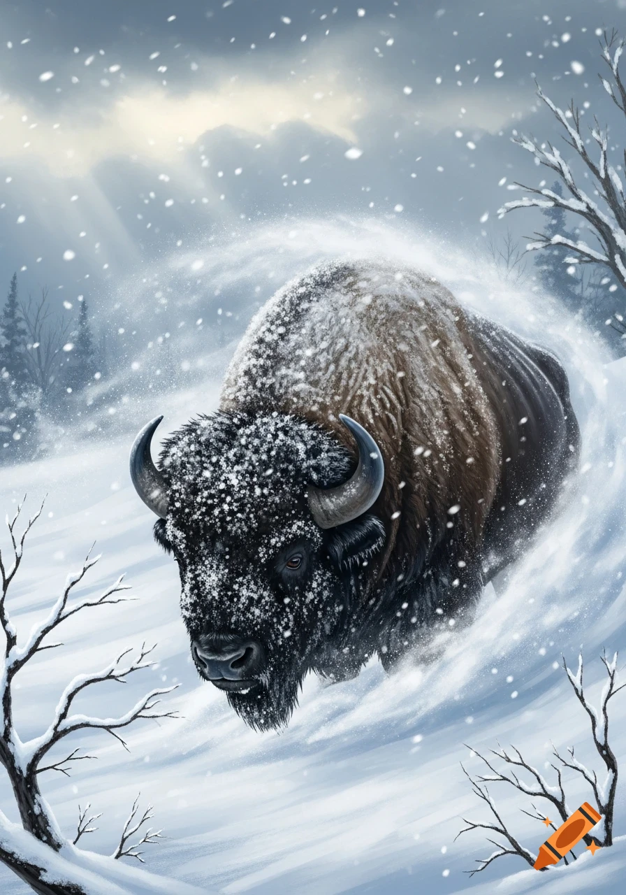 A powerful bison covered in snow charges through a blizzard in a winter ...