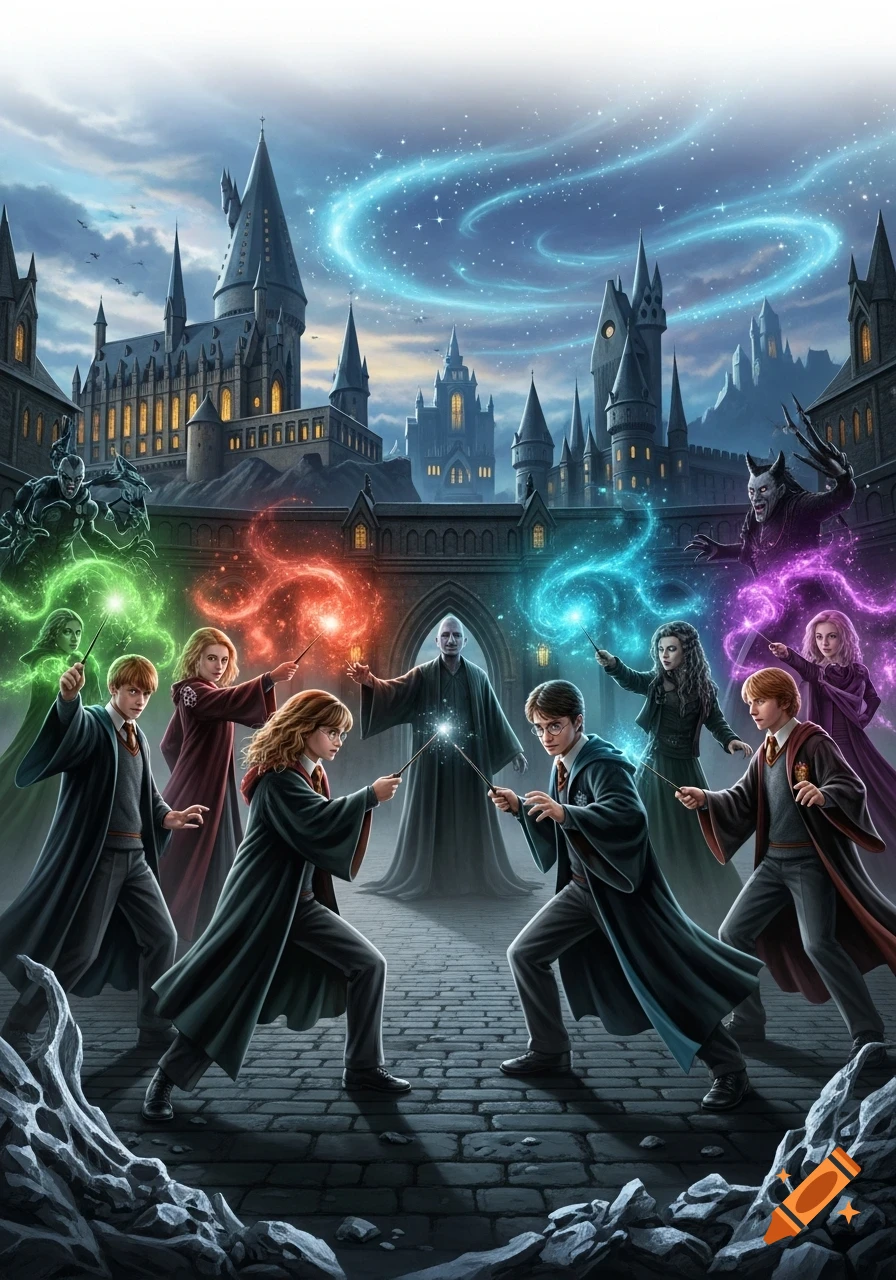 Harry, Hermione, Ron, and other Harry Potter characters cast spells against Voldemort and villains in the Hogwarts courtyard, fantasy art.