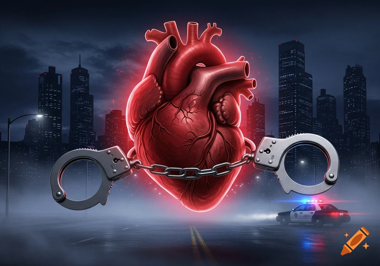 A glowing red anatomical heart is chained between two handcuffs on a dark city street at night, with a police car in the background.