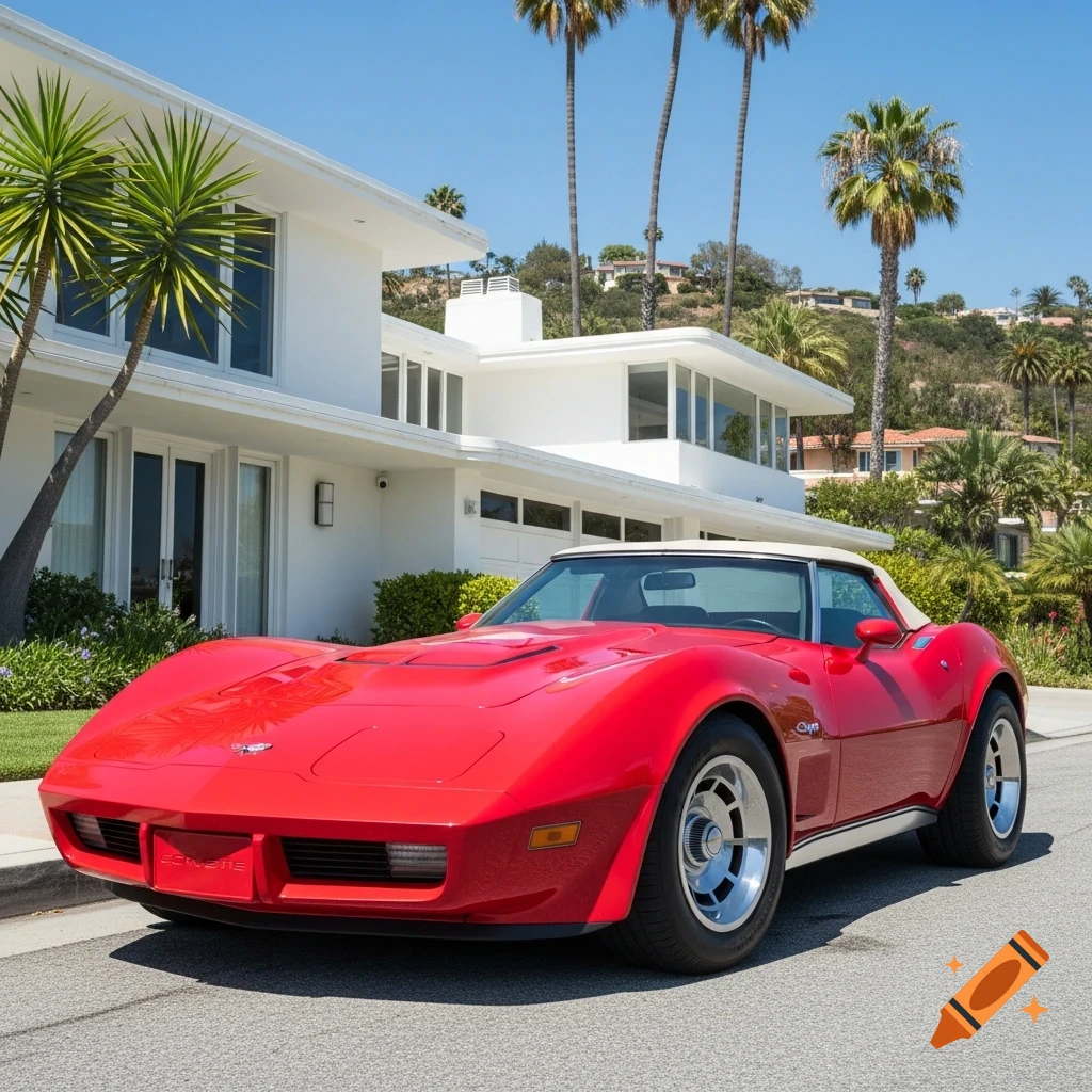 A bright red 1975 Chevrolet Corvette convertible sports car parked in front of a modern white mansion in Malibu, California.