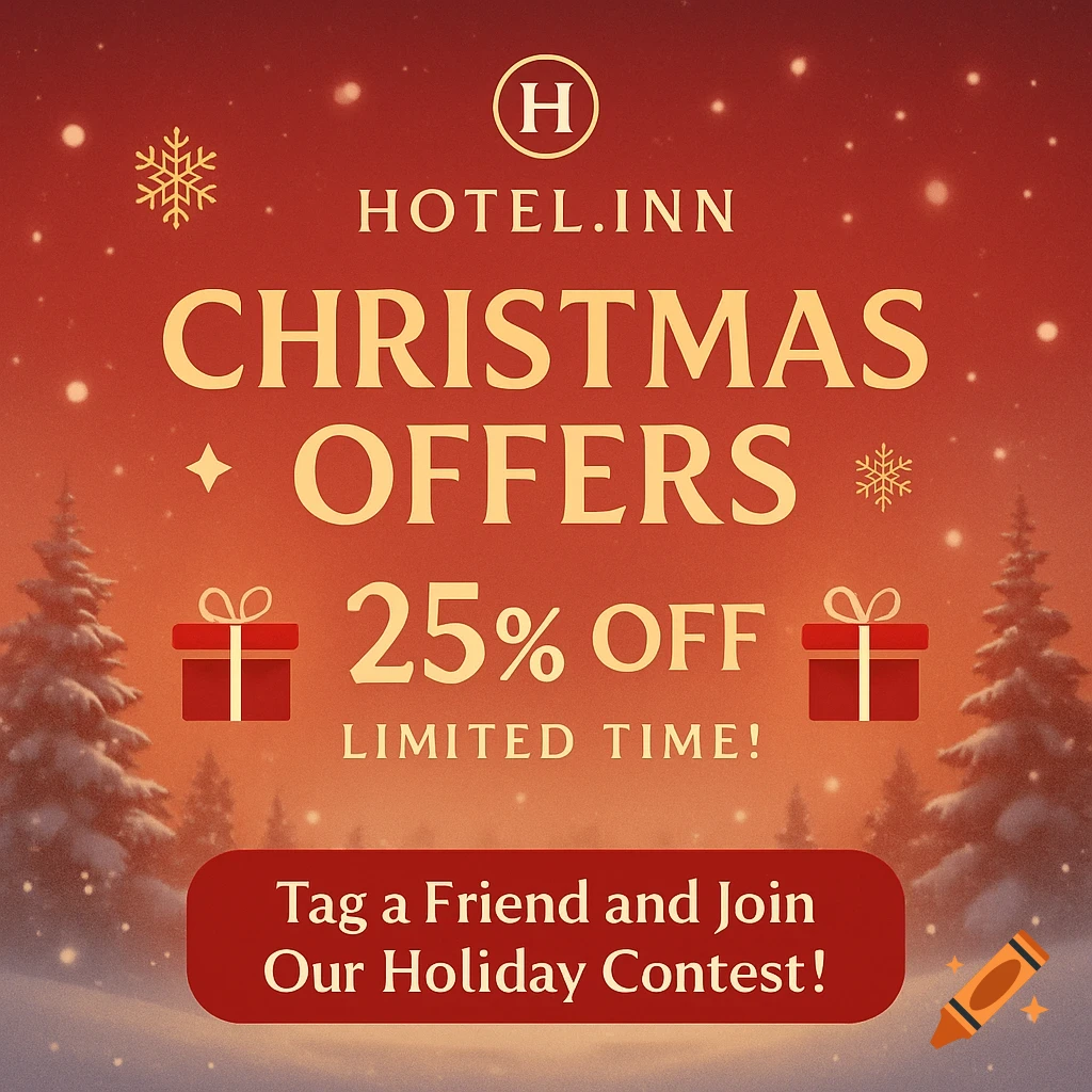 A red and gold Christmas promotional poster for Hotel.Inn, featuring snow-covered trees, snowflakes, and gift boxes. Text reads "Hotel.Inn Christmas Offers 25% Off Limited Time! Tag a Friend and Join Our Holiday Contest!"