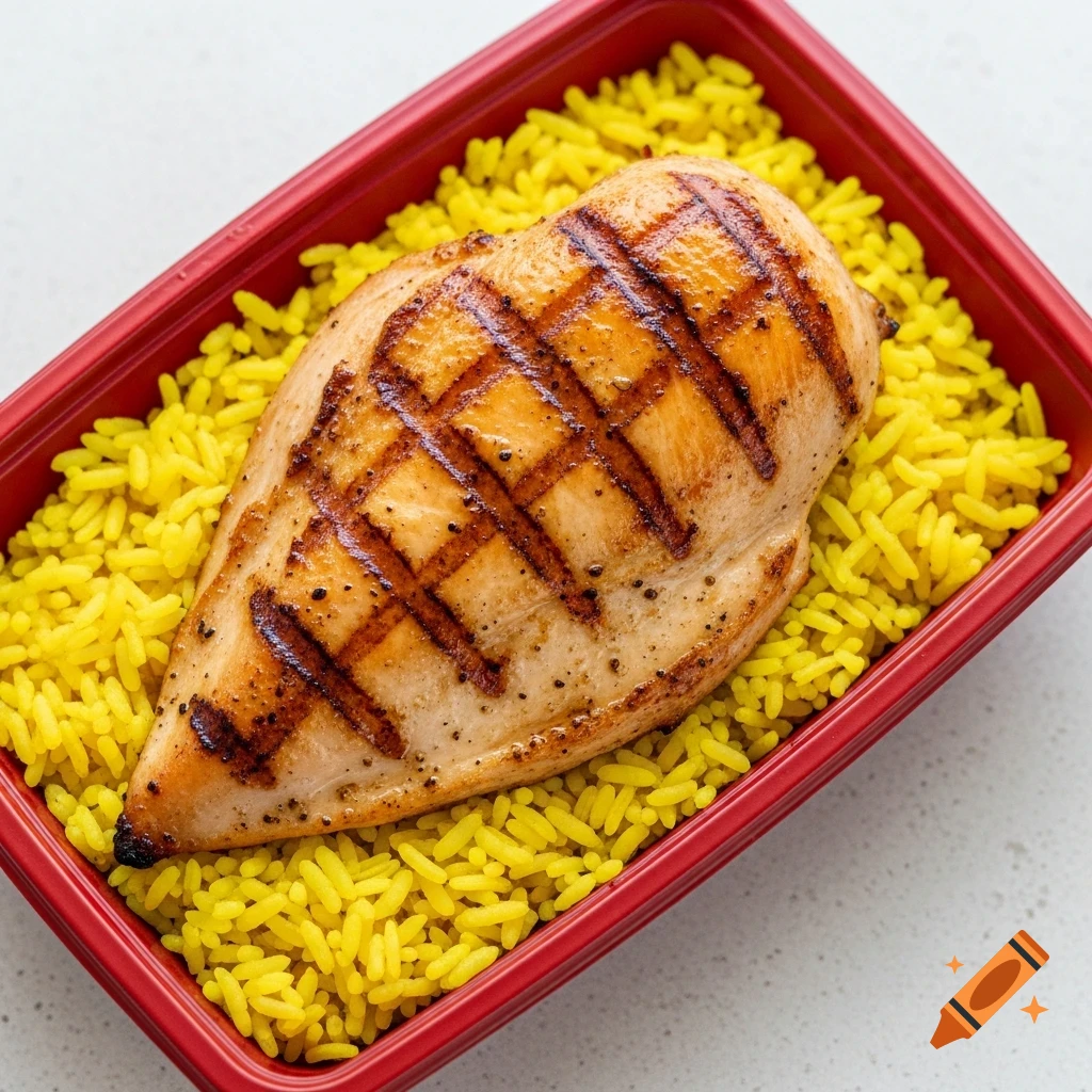 Grilled chicken breast with yellow rice in a red takeaway box, top view.