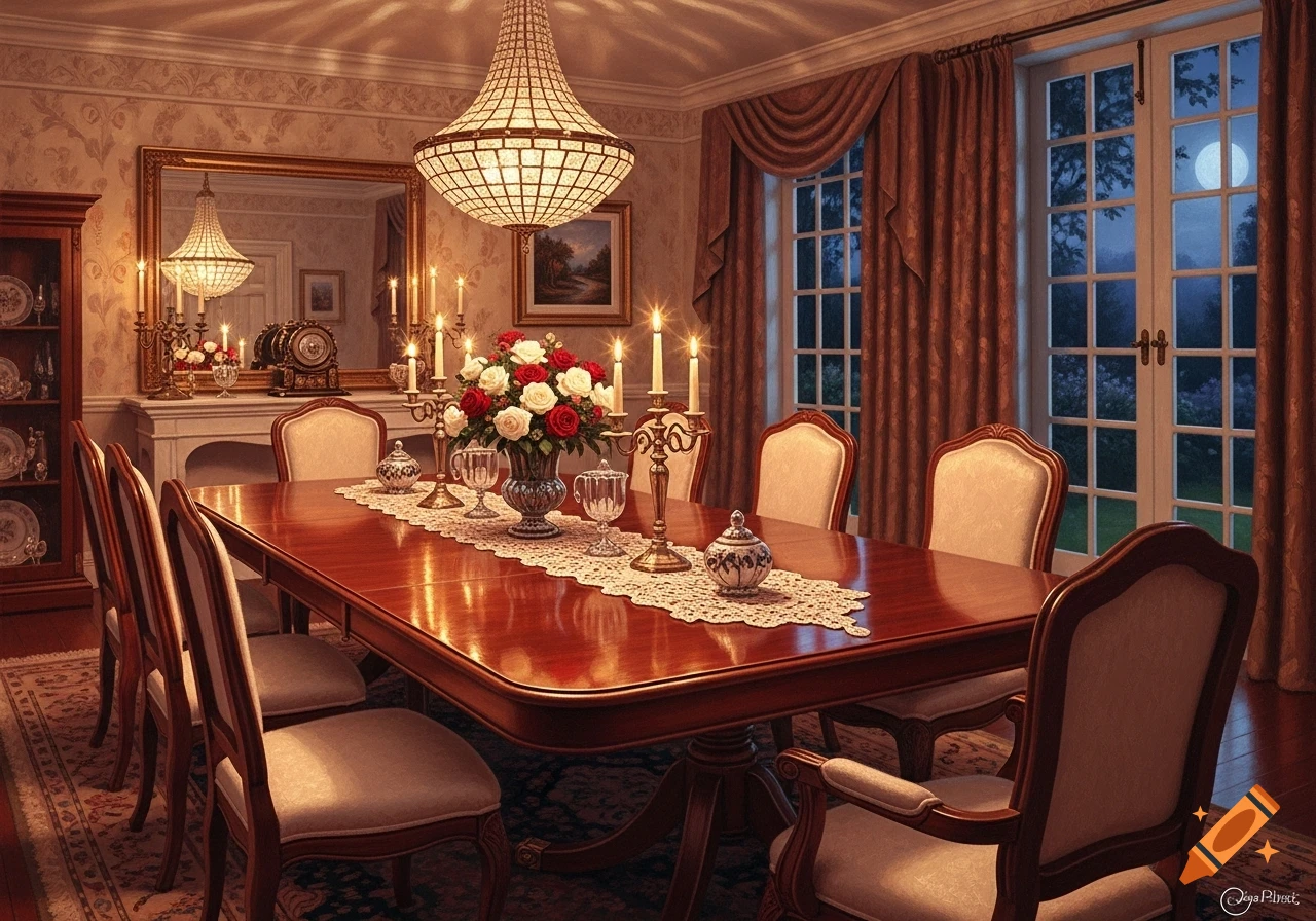 A classic dining room with a long wooden table, ornate chairs, a chandelier, and a large window looking out to a moonlit night.