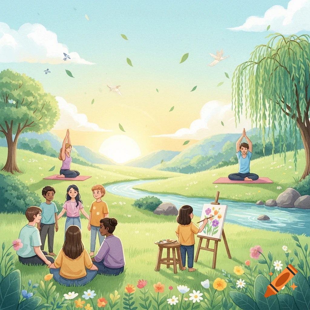 Diverse people doing yoga, painting, and socializing in a peaceful, sunny green landscape with a river, in an illustrated style.