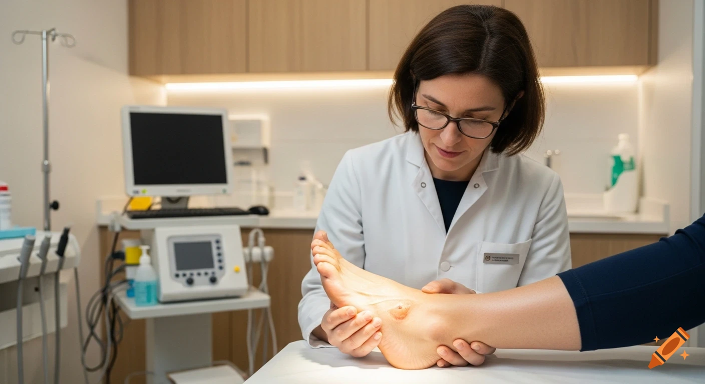 An ultra-realistic image of a compassionate doctor examining an adult patient's foot in a modern clinic.