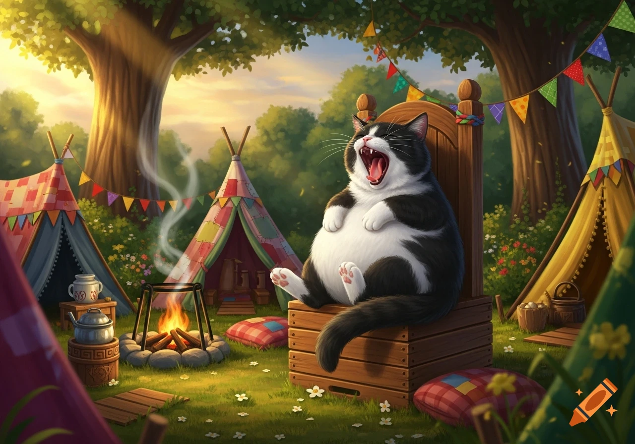 A fat tuxedo cat yawns widely while sitting on a wooden crate at a whimsical campsite with colorful tents, a campfire, and trees.