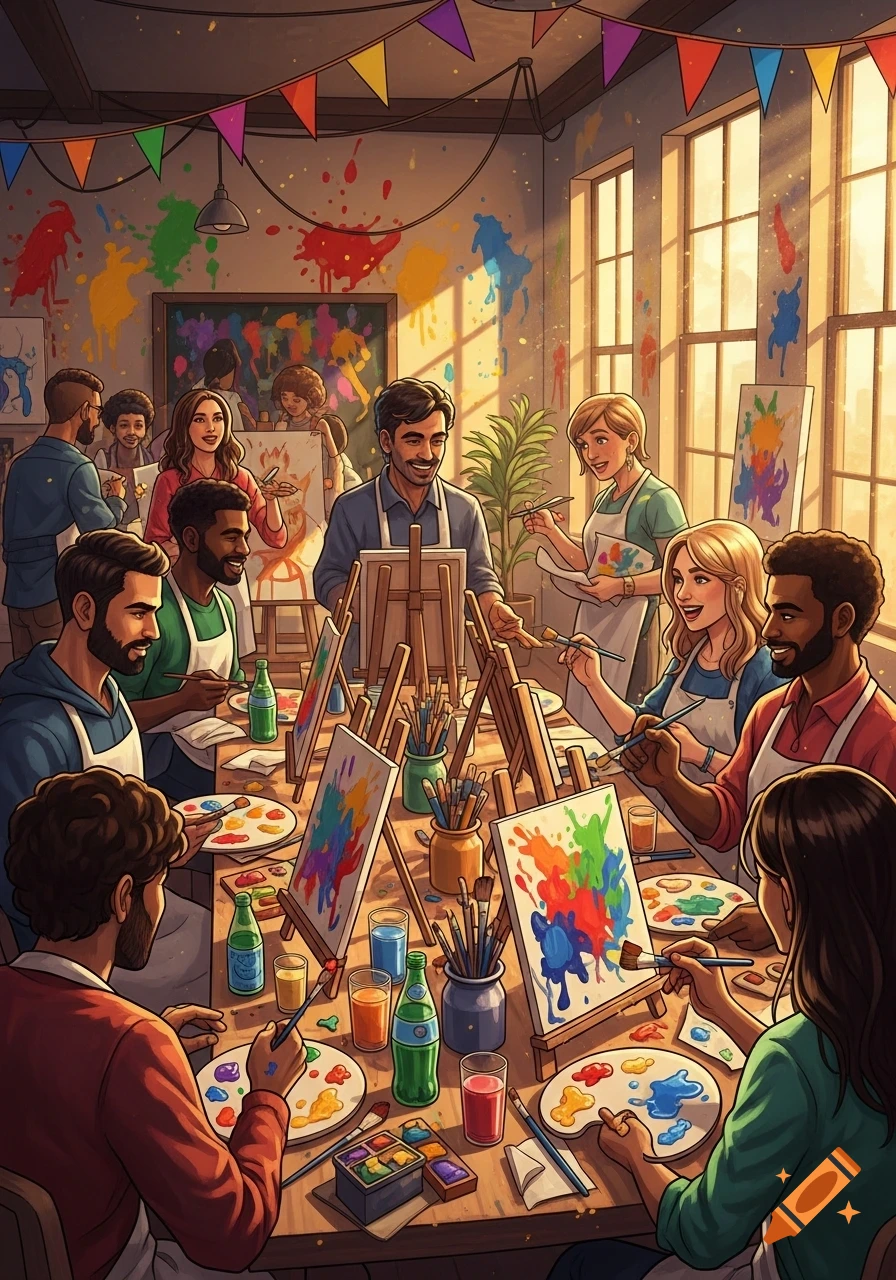 Diverse adults enjoy a lively painting party in a bright art studio, with easels, palettes, and colorful paint splatters.
