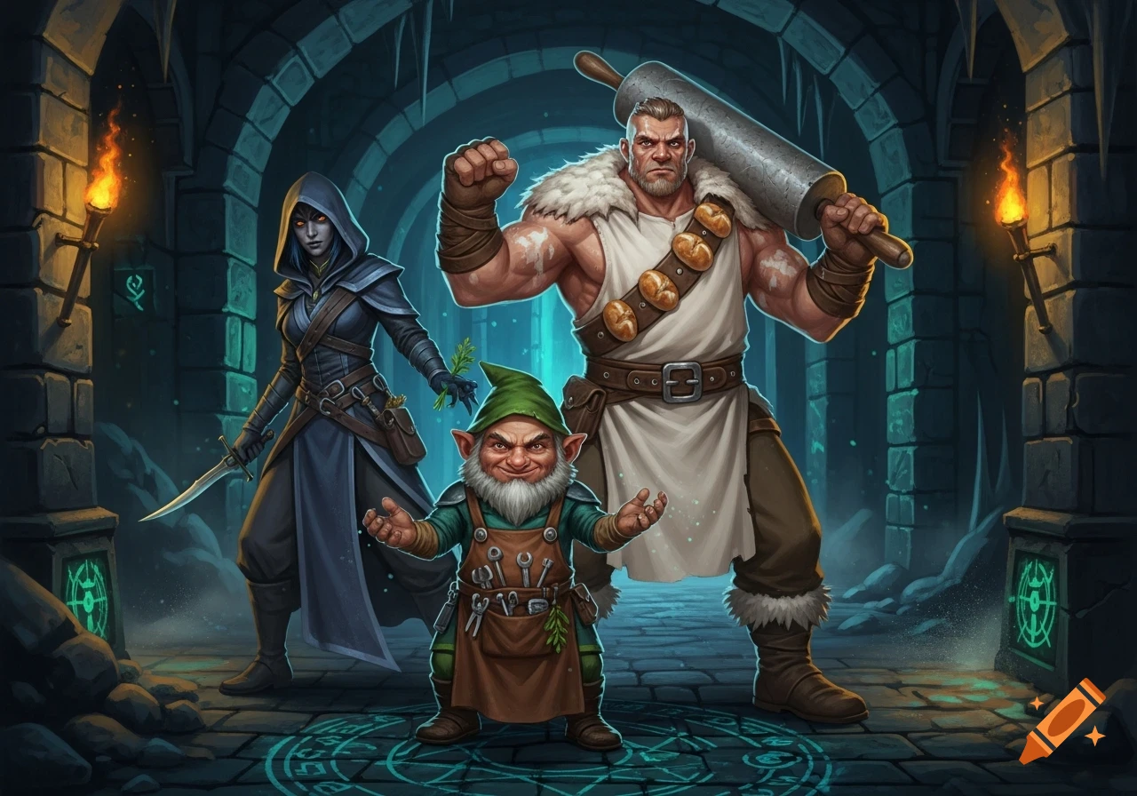Three fantasy adventurers: a hooded rogue, a muscled barbarian baker with a rolling pin, and a cheerful gnome artificer in a torchlit dungeon.