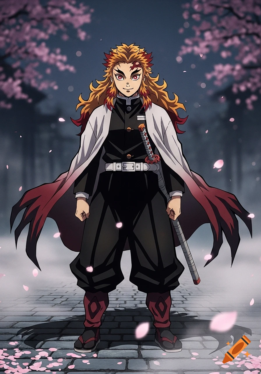 An anime male character with flame-like hair and a white and red haori stands on a cobblestone path surrounded by falling cherry blossoms.