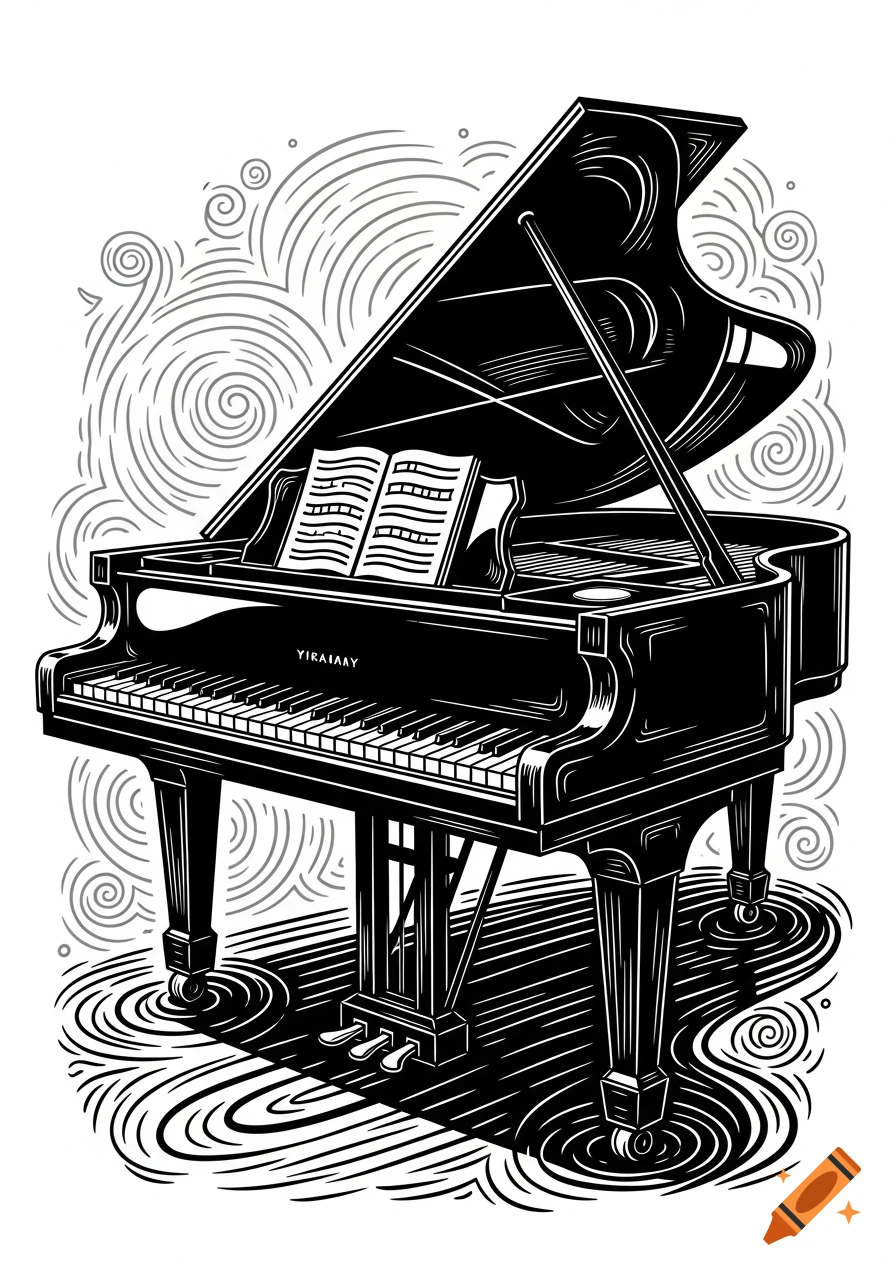 A black and white linocut illustration of a grand piano with sheet music on the stand and swirling patterns in the background.