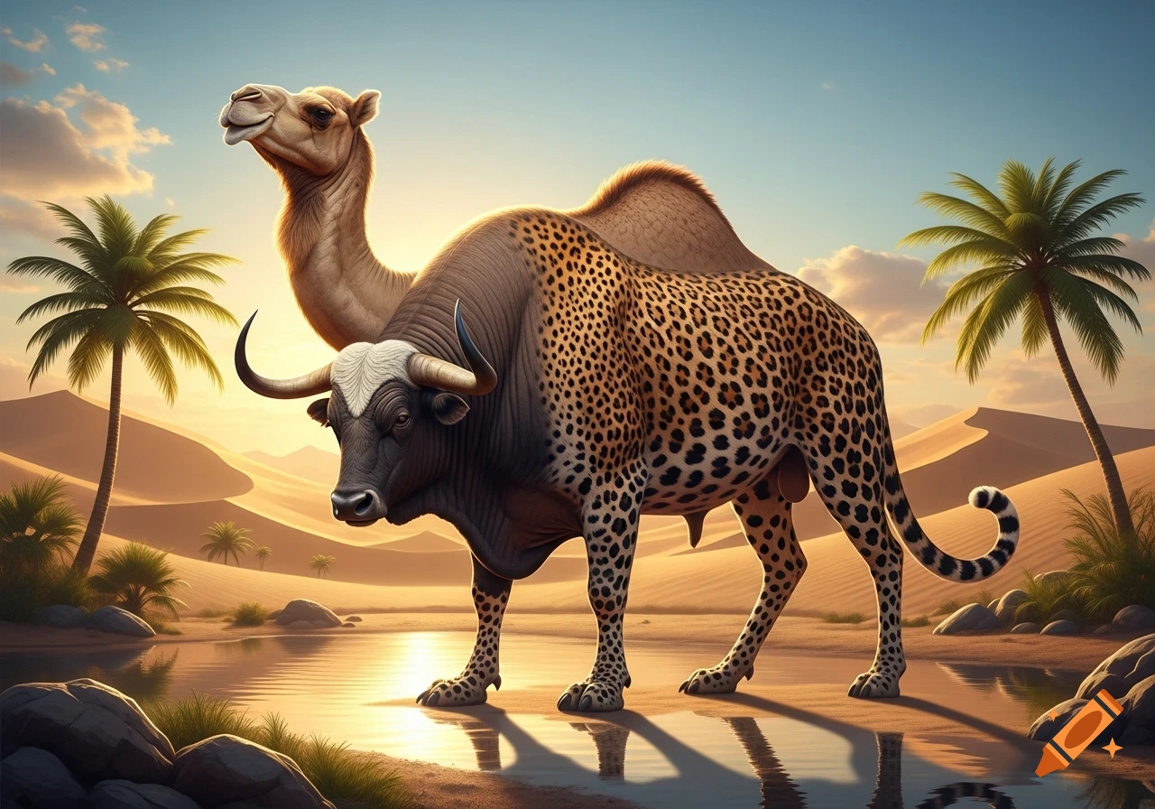A fantastic creature, part camel, part bull, part leopard, stands in a desert oasis at sunset.