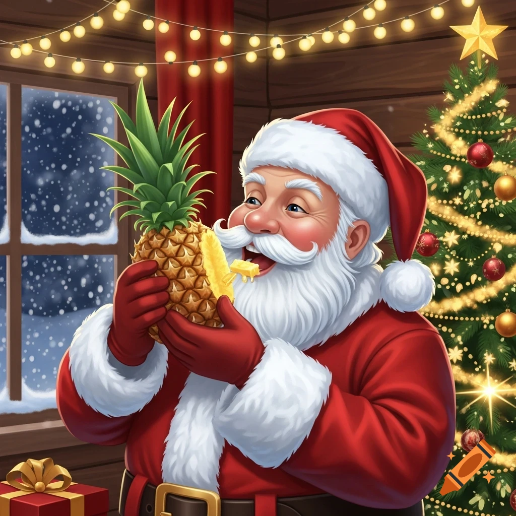 Jolly Santa Claus happily eats a pineapple in a cozy room with a decorated Christmas tree and snowy window.