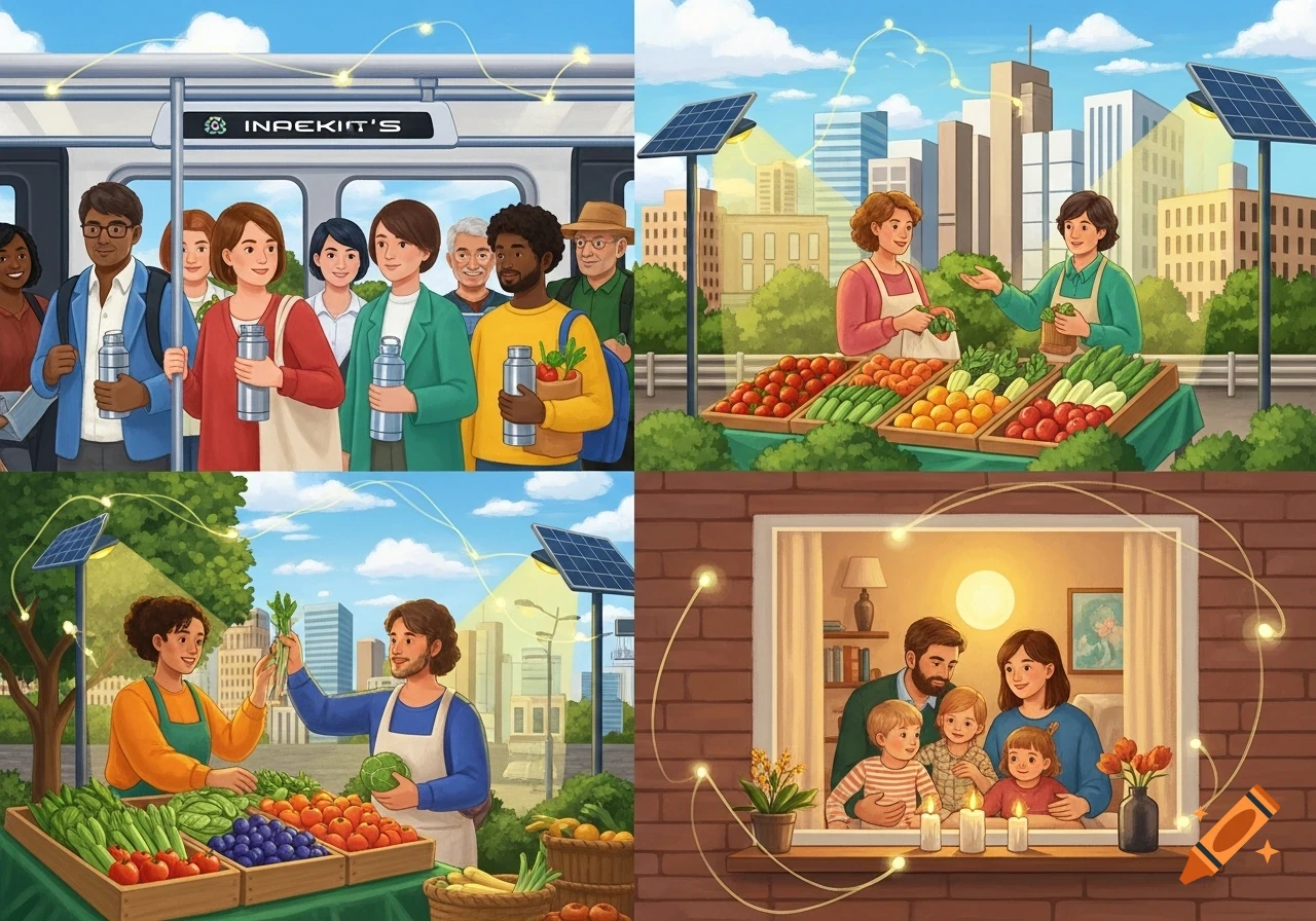 A four-panel illustration showing people using public transport and reusable items, shopping at a farmer's market, and a family saving electricity, all connected by glowing lines representing sustainable living.