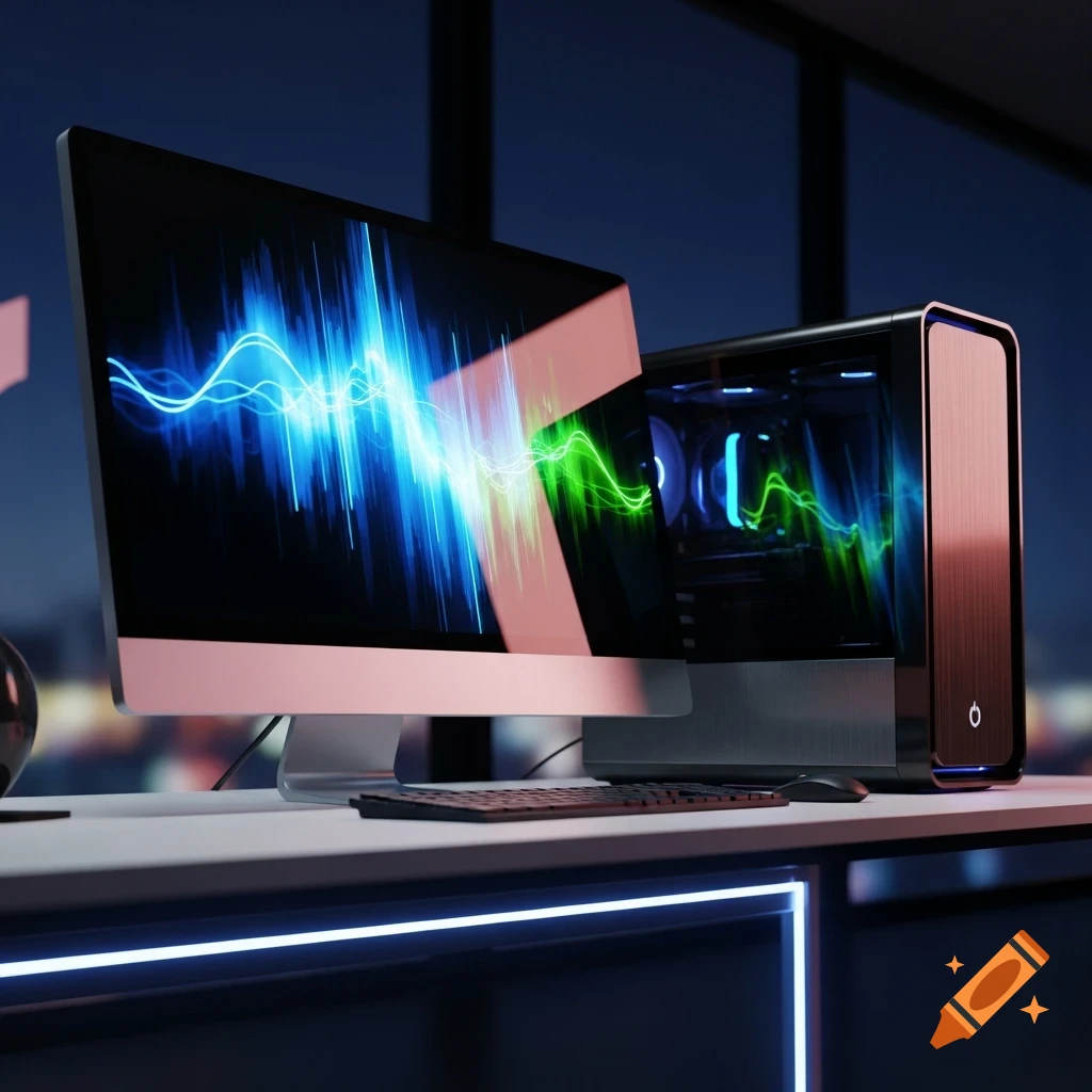 A modern desktop computer with a monitor showing blue and green sound waves, next to a sleek rose gold PC case.