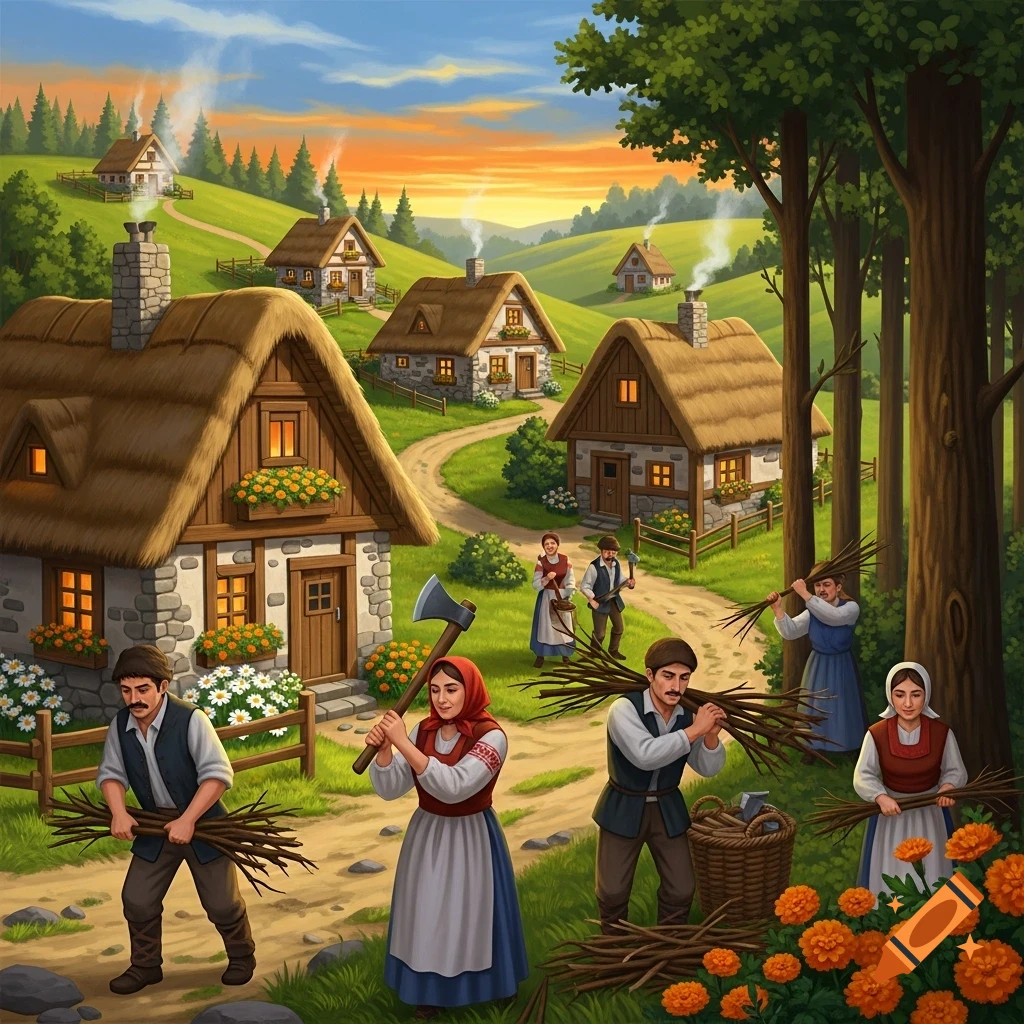 Colorful illustration of villagers gathering wood near thatched-roof houses in a scenic, hilly landscape at sunset.