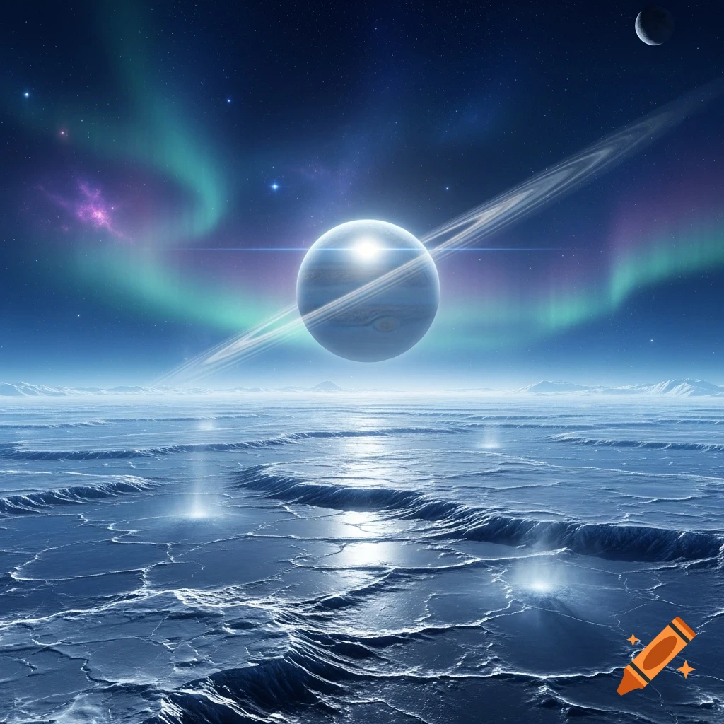 A ringed planet and a crescent moon over a glowing, icy alien landscape with vibrant aurora borealis.