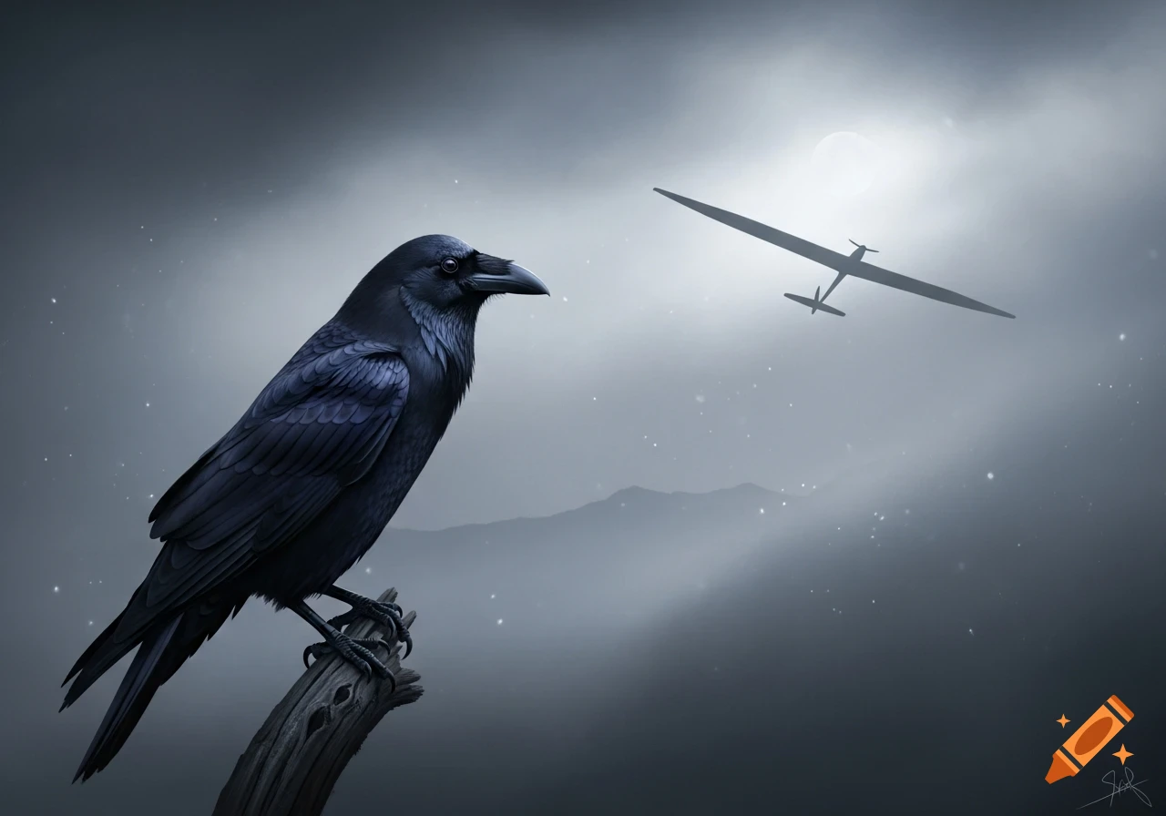 A black raven perches on a bare branch, gazing at a distant sailplane flying beneath a glowing moon in a misty, dark sky over mountains.
