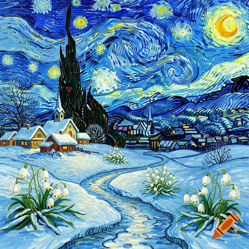 Vibrant Van Gogh style painting of a snowy winter village with a path, snow flowers, dark cypress trees, and a swirling blue starry night sky with a bright moon.
