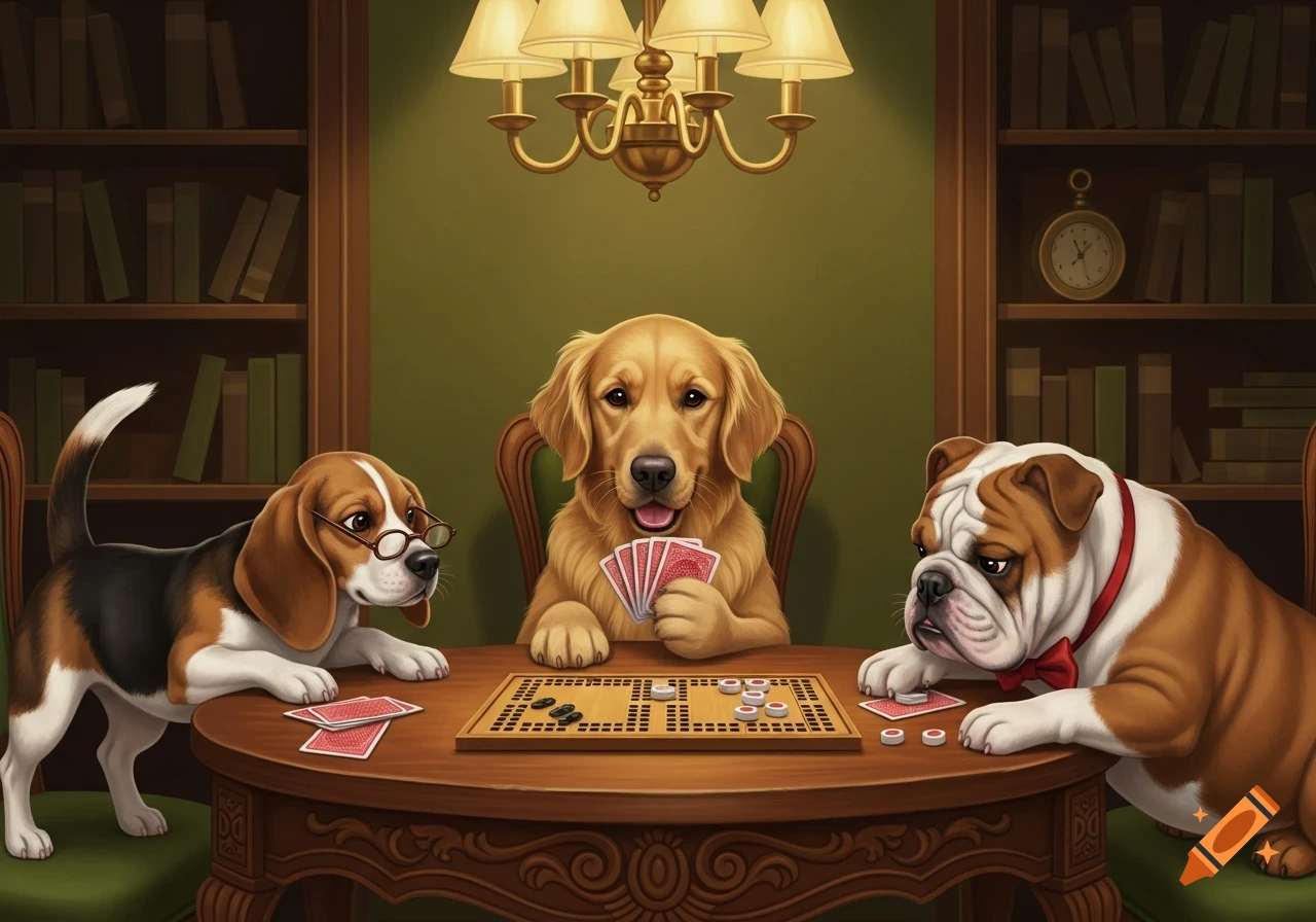 Three dogs, a golden retriever, a beagle with glasses, and a bulldog, play cards and cribbage at a wooden table.