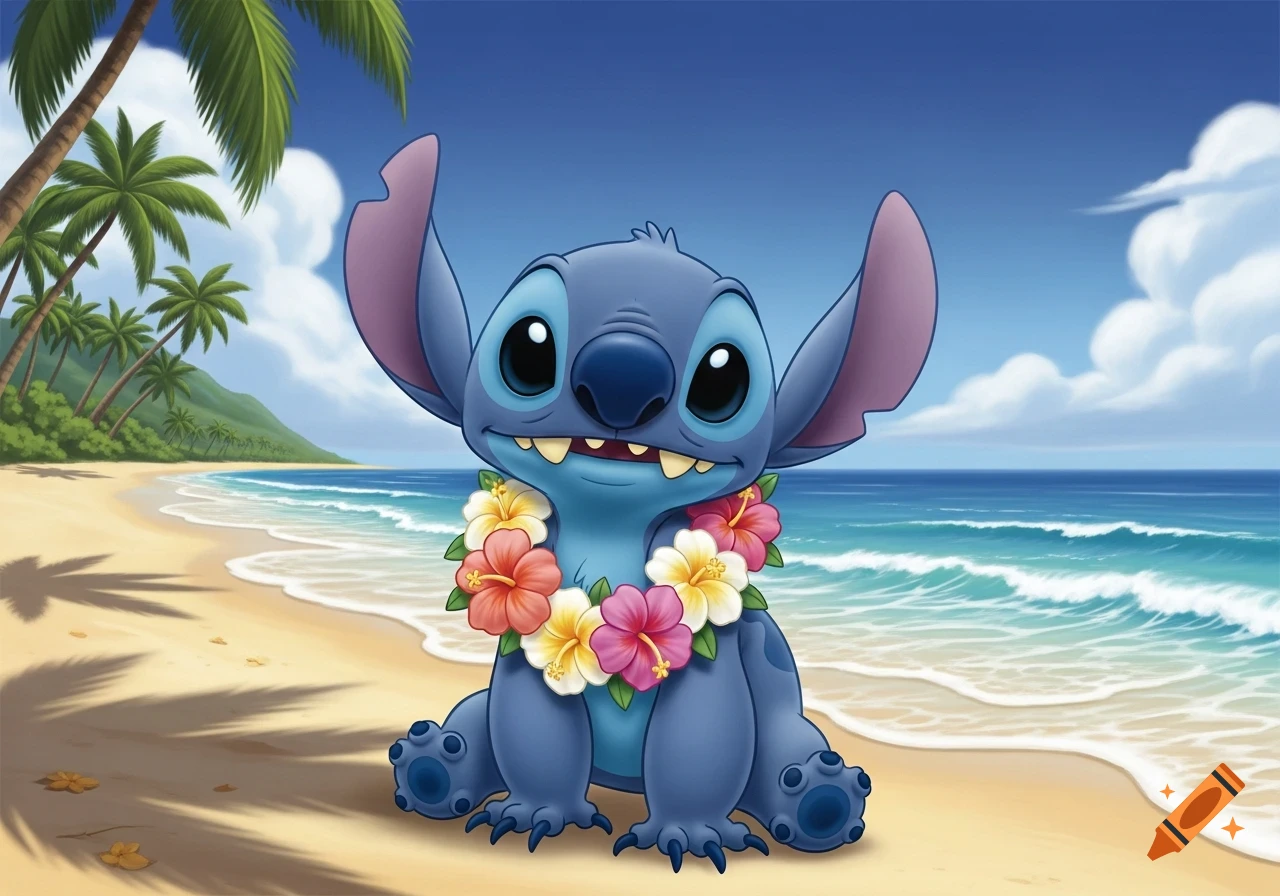 Blue alien character Stitch wearing a flower lei sits on a sunny sandy beach with palm trees and ocean waves in a cartoon style.
