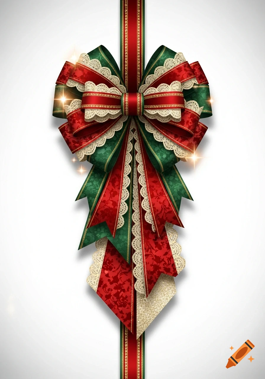 A festive red and green Christmas bow with gold trim, white lace, and sparkling highlights on a white background.