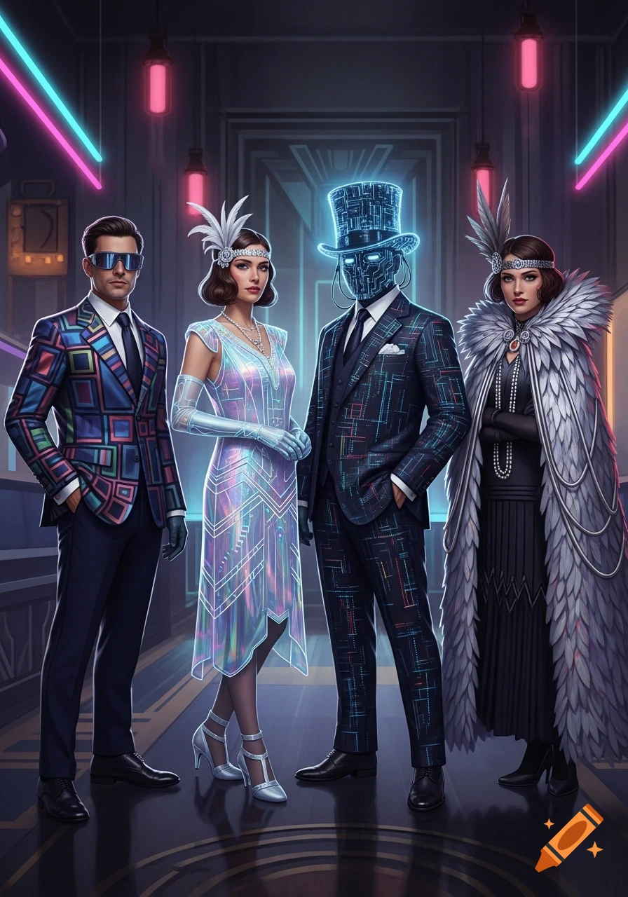 Four people in futuristic 1920s fashion, including a man with a circuit board face and neon-patterned suits, against a dark, neon-lit background.
